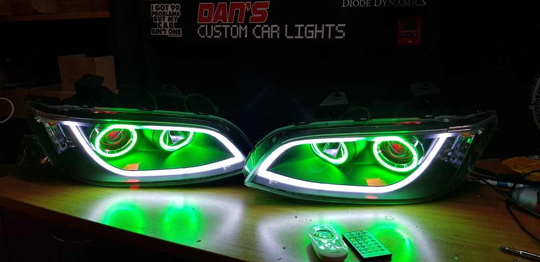 Holden VE Commodore S1/S2 DRL Style Headlights with Multicoloured Halo Rings and Demon Eyes - Dan's Custom Car Lights 