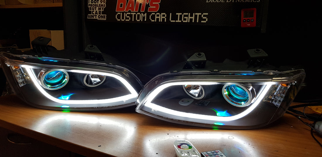 Holden VE Commodore S1/S2 DRL Style Headlights with Multicoloured Halo Rings and Demon Eyes - Dan's Custom Car Lights 