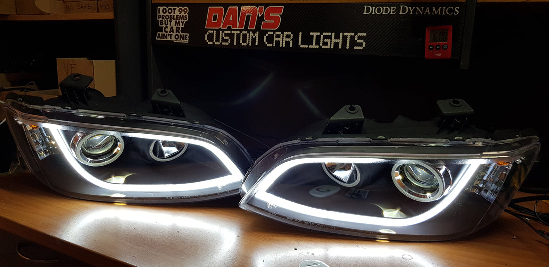 Holden VE Commodore S1/S2 DRL Style Headlights with Multicoloured Halo Rings and Demon Eyes - Dan's Custom Car Lights 