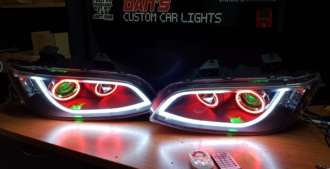 Holden VE Commodore S1/S2 DRL Style Headlights with Multicoloured Halo Rings and Demon Eyes - Dan's Custom Car Lights 