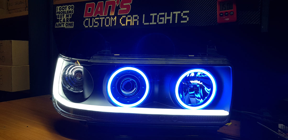 Toyota Landcruiser 80 series Headlights with Quad Multicoloured Halorings & DRLS - Dan's Custom Car Lights 