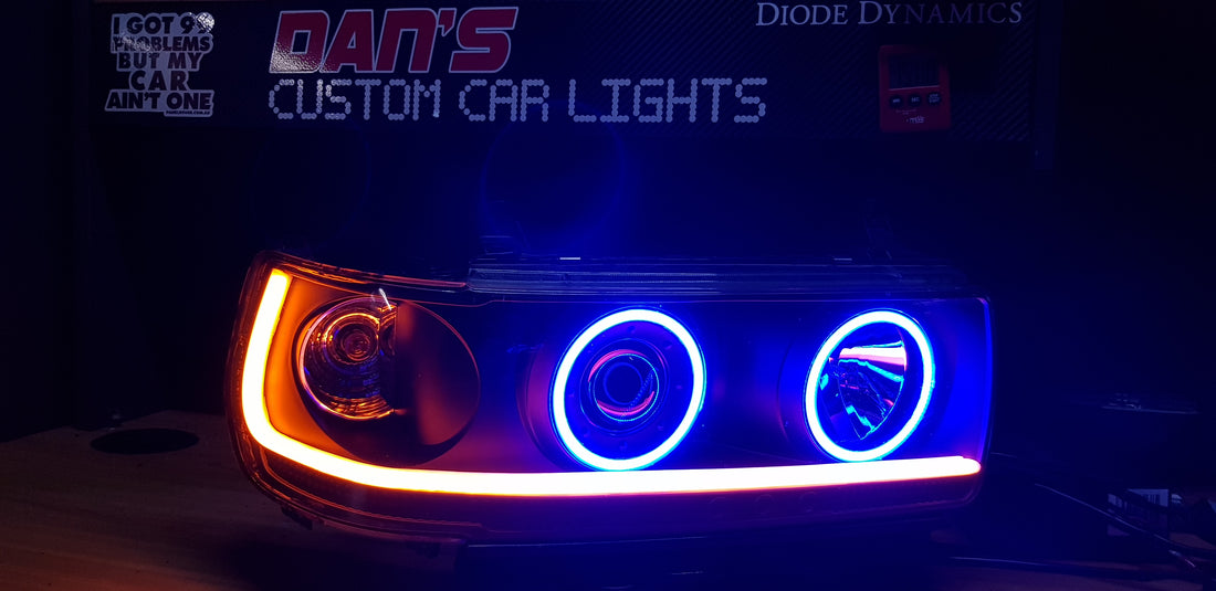Toyota Landcruiser 80 series Headlights with Quad Multicoloured Halorings & DRLS - Dan's Custom Car Lights 