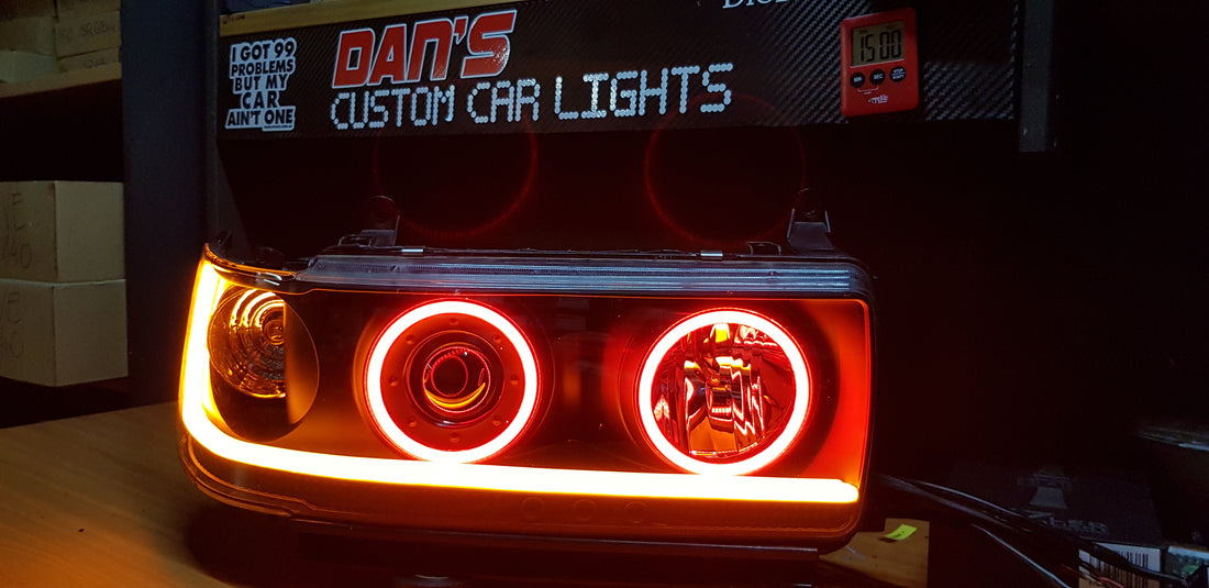 Toyota Landcruiser 80 series Headlights with Quad Multicoloured Halorings & DRLS - Dan's Custom Car Lights 