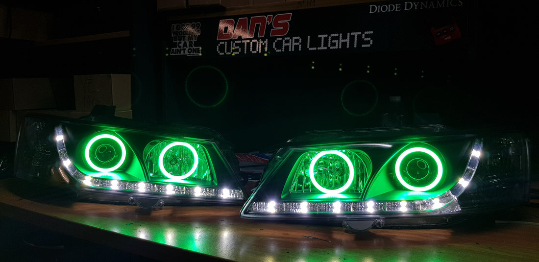 Holden VY Commodore DRL Headlights with Multicolored Halo Rings - Dan's Custom Car Lights 