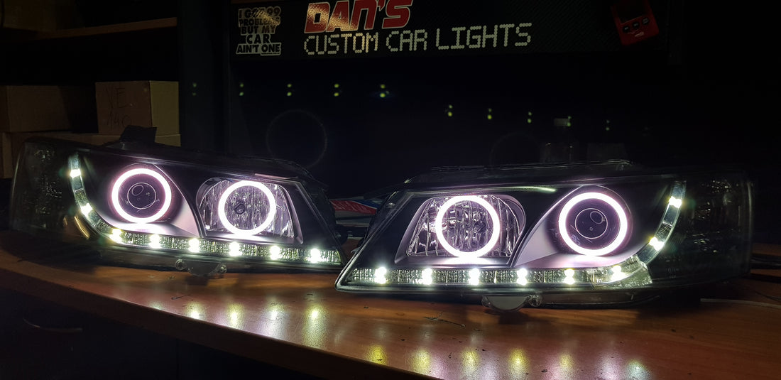 Holden VY Commodore DRL Headlights with Multicolored Halo Rings - Dan's Custom Car Lights 