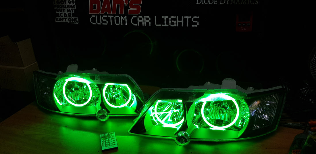 Holden VY Commodore Headlights with Multicolored Halo Rings - Dan's Custom Car Lights 