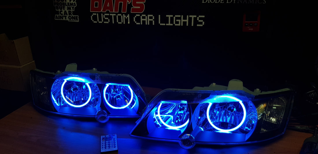 Holden VY Commodore Headlights with Multicolored Halo Rings - Dan's Custom Car Lights 