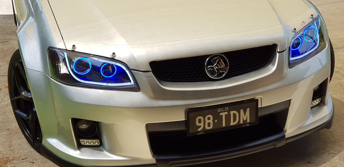 Holden VE Commodore S1/S2 DRL style Headlights with Multicoloured Halo Rings - Dan's Custom Car Lights 