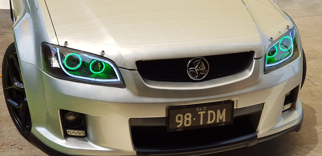 Holden VE Commodore S1/S2 DRL style Headlights with Multicoloured Halo Rings - Dan's Custom Car Lights 