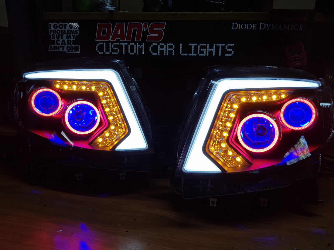 Ford Ranger PX1 DRL Style Headlights w/ Quad Halo rings & Quad Demon Eyes - Dan's Custom Car Lights 