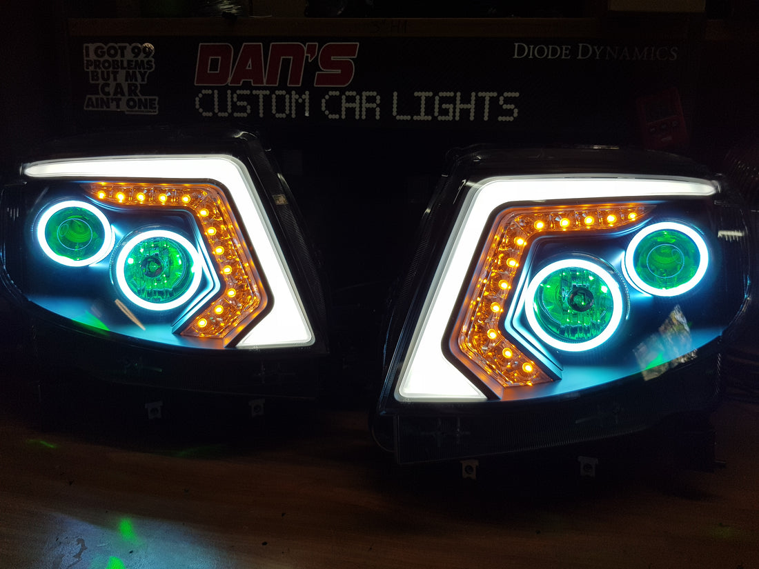 Ford Ranger PX1 DRL Style Headlights w/ Quad Halo rings & Quad Demon Eyes - Dan's Custom Car Lights 