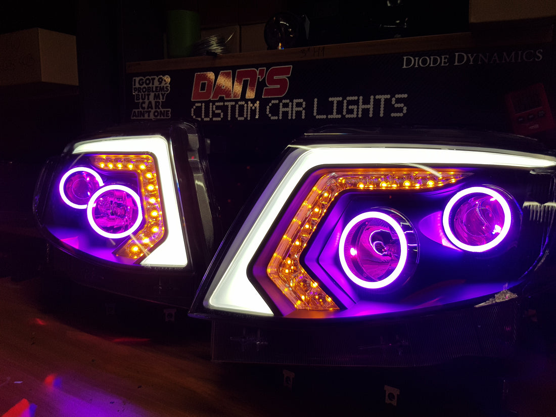 Ford Ranger PX1 DRL Style Headlights w/ Quad Halo rings & Quad Demon Eyes - Dan's Custom Car Lights 