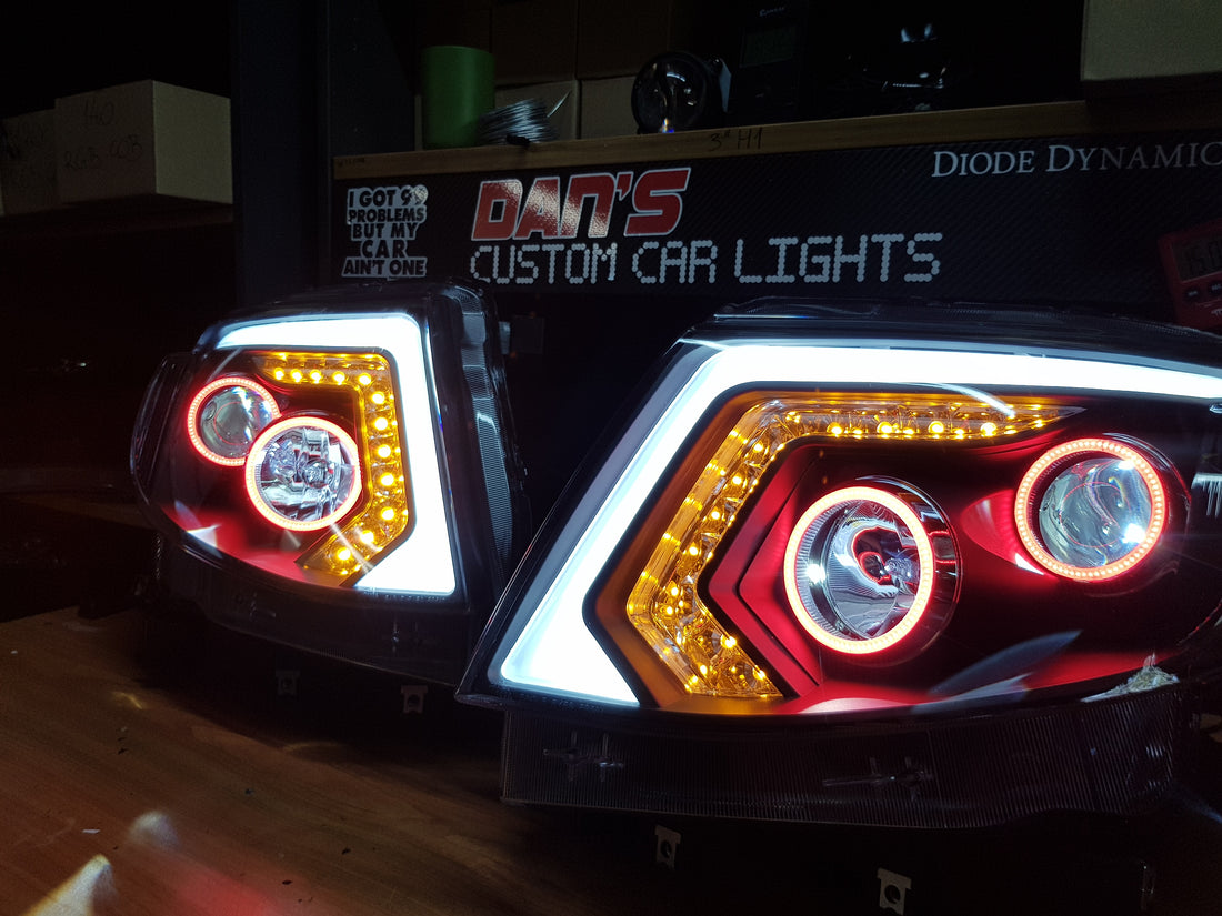 Ford Ranger PX1 DRL Style Headlights w/ Quad Halo rings & Quad Demon Eyes - Dan's Custom Car Lights 