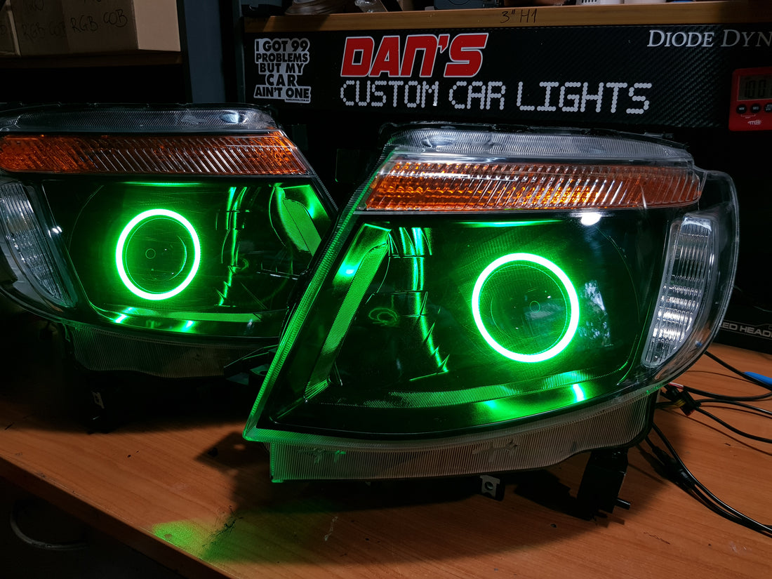 Ford Ranger PX1 Headlights with LED Projector and RGB Halo Rings - Dan's Custom Car Lights 