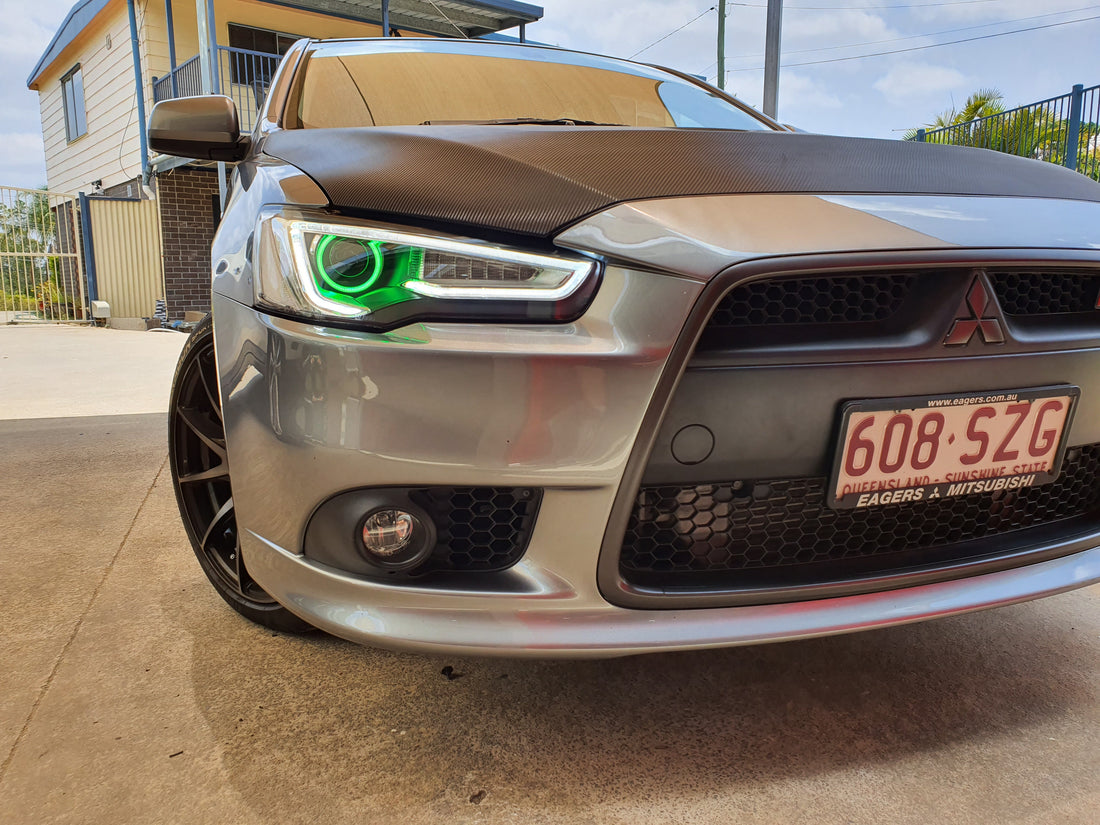 Mitsubishi Lancer LED DRL Projector Headlights 2008-2020 CJ CF EVO X with Multicolored LED Halo rings - Dan's Custom Car Lights 