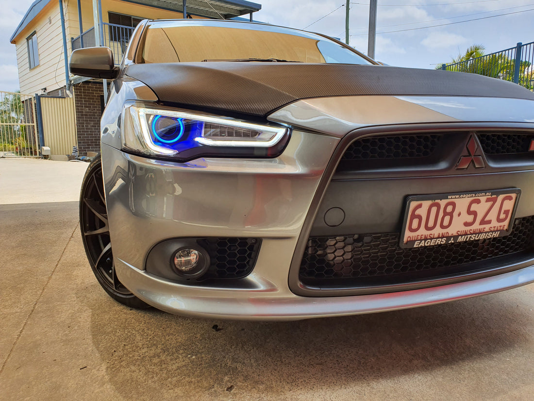 Mitsubishi Lancer LED DRL Projector Headlights 2008-2020 CJ CF EVO X with Multicolored LED Halo rings - Dan's Custom Car Lights 