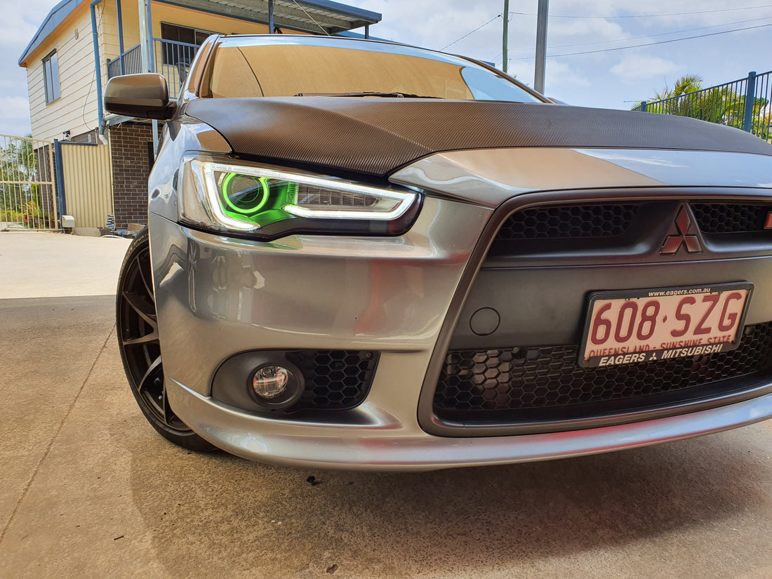 Mitsubishi Lancer LED DRL Projector Headlights 2008-2020 CJ CF EVO X with Multicolored LED Halo rings - Dan's Custom Car Lights 