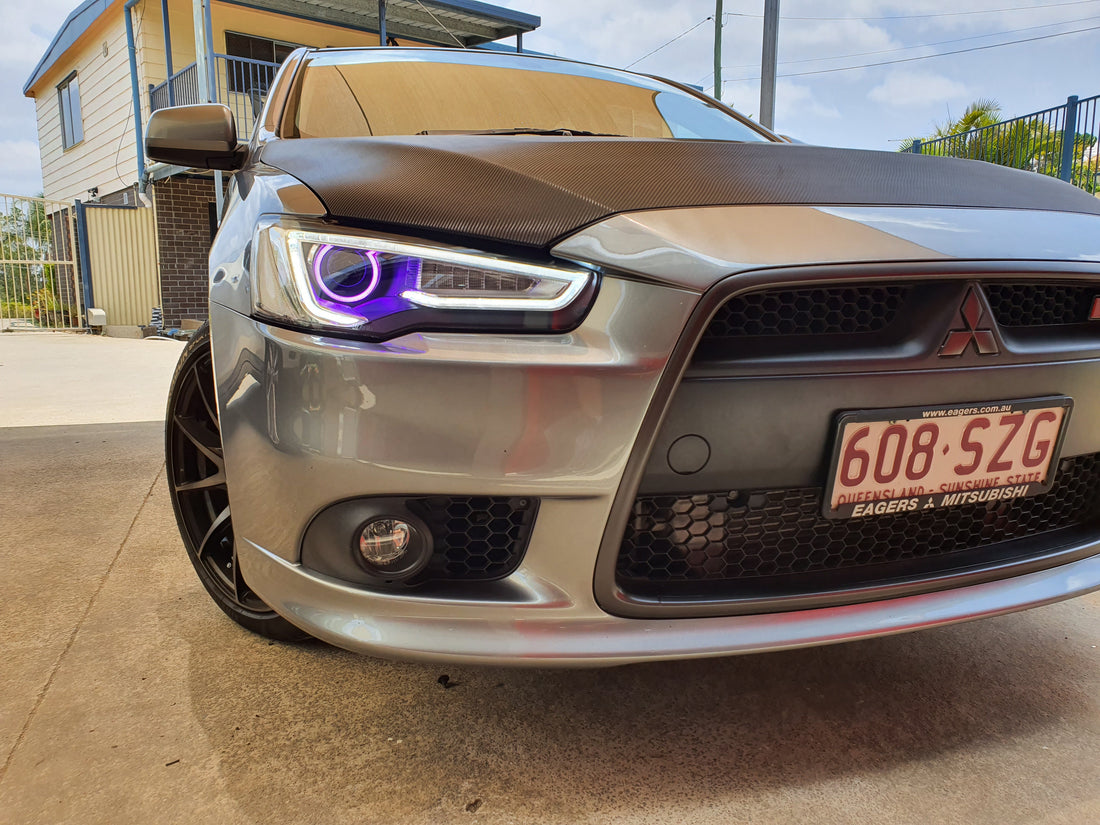 Mitsubishi Lancer LED DRL Projector Headlights 2008-2020 CJ CF EVO X with Multicolored LED Halo rings - Dan's Custom Car Lights 