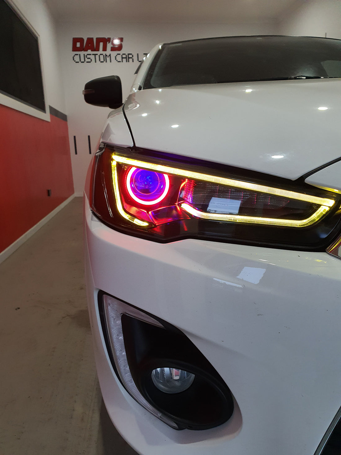 Mitsubishi Lancer LED DRL Headlights w/ Multicolored DRL, Halo Rings and Demon Eyes - Dan's Custom Car Lights 