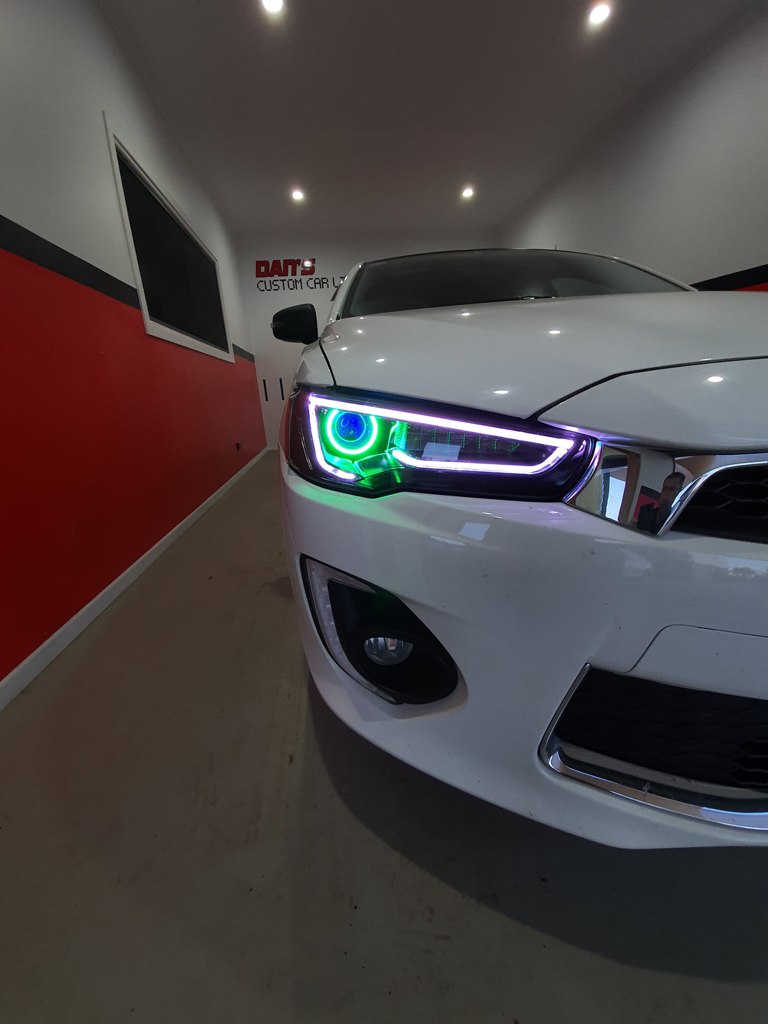Mitsubishi Lancer LED DRL Headlights w/ Multicolored DRL, Halo Rings and Demon Eyes - Dan's Custom Car Lights 