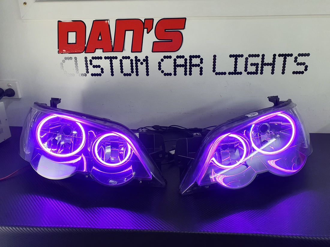Ford Falcon BA/BF XR6 XR8 Headlights with Multicolored Halo Rings - Dan's Custom Car Lights 