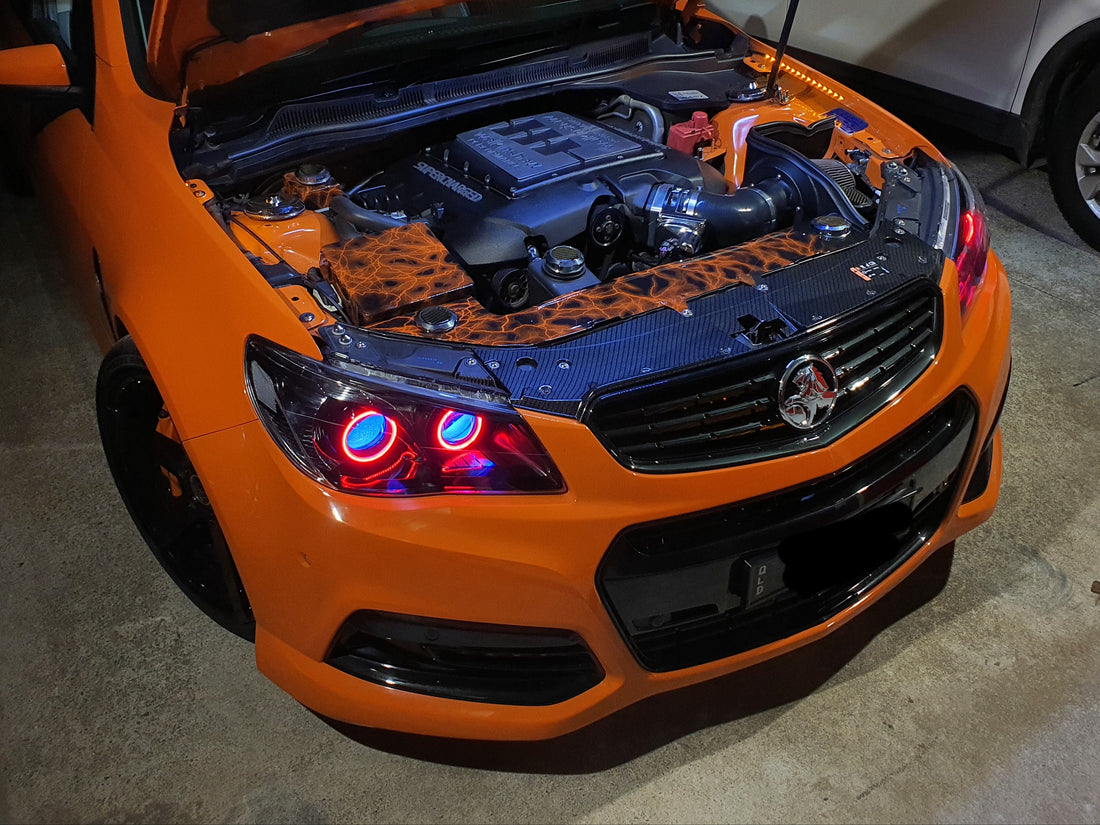 Holden VF Commodore Headlights with Quad Projectors, Blacking out, Multicolored Halo Rings and Demon Eyes - Dan's Custom Car Lights 
