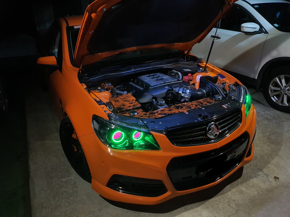 Holden VF Commodore Headlights with Quad Projectors, Blacking out, Multicolored Halo Rings and Demon Eyes - Dan's Custom Car Lights 