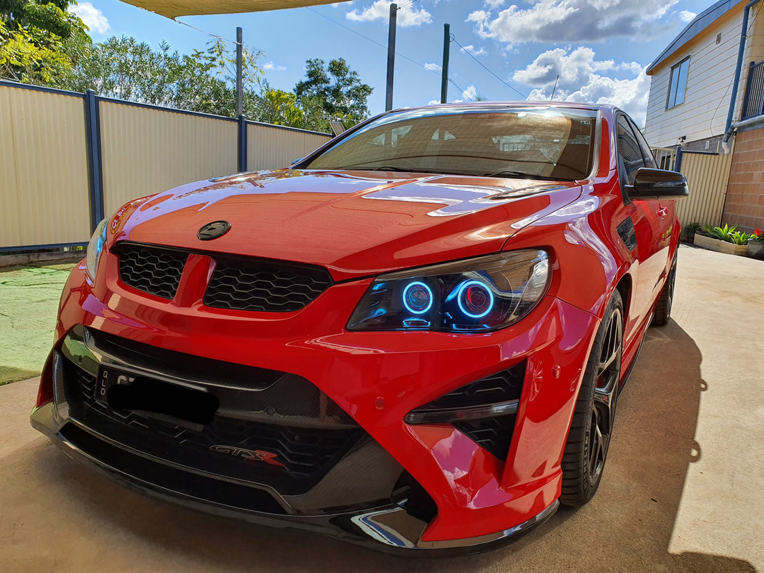 Holden VF Commodore Headlights with Quad Projectors, Blacking out, Multicolored Halo Rings and Demon Eyes - Dan's Custom Car Lights 