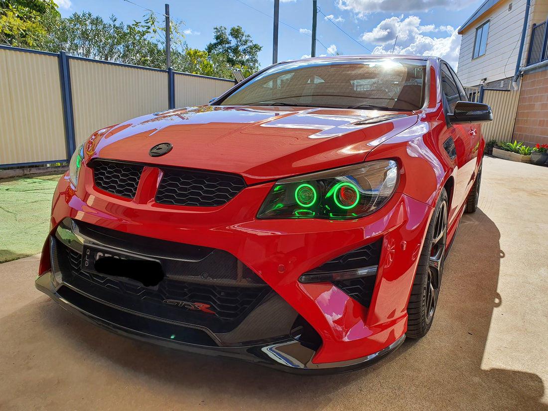 Holden VF Commodore Headlights with Quad Projectors, Blacking out, Multicolored Halo Rings and Demon Eyes - Dan's Custom Car Lights 