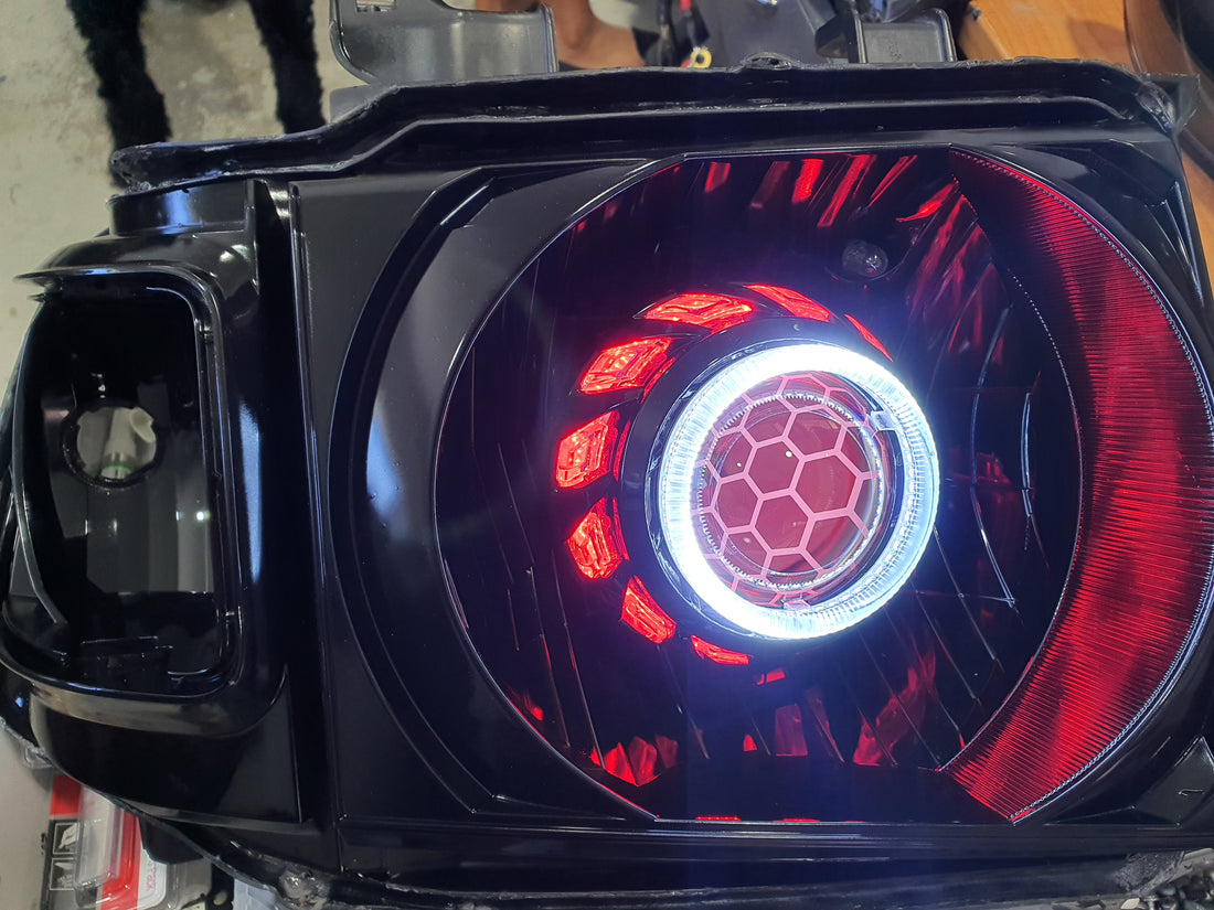 Toyota Landcruiser VDJ Headlights Dual Halo Rings BiLED Projectors, Turbine Shroud & Etched Projector Lens - Dan's Custom Car Lights 
