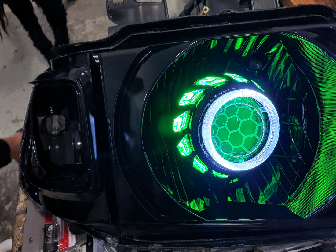 Toyota Landcruiser VDJ Headlights Dual Halo Rings BiLED Projectors, Turbine Shroud & Etched Projector Lens - Dan's Custom Car Lights 