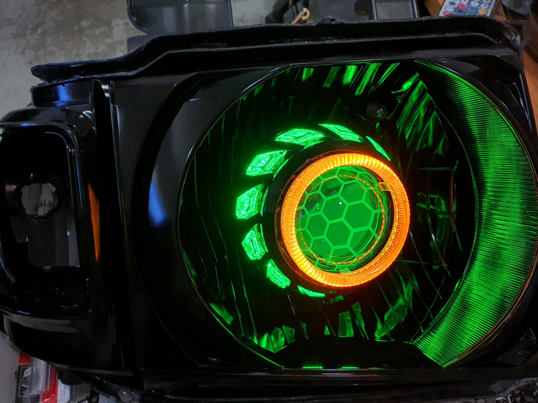 Toyota Landcruiser VDJ Headlights Dual Halo Rings BiLED Projectors, Turbine Shroud & Etched Projector Lens - Dan's Custom Car Lights 