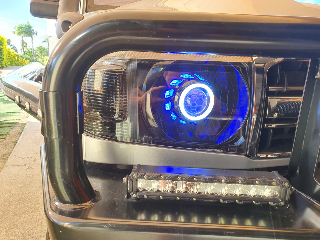 Toyota Landcruiser VDJ Headlights Dual Halo Rings BiLED Projectors, Turbine Shroud & Etched Projector Lens - Dan's Custom Car Lights 