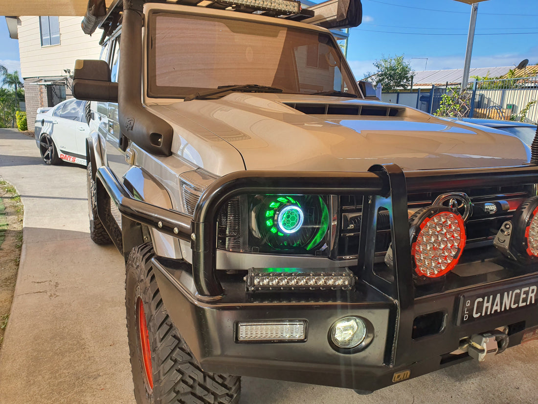Toyota Landcruiser VDJ Headlights Dual Halo Rings BiLED Projectors, Turbine Shroud & Etched Projector Lens - Dan's Custom Car Lights 