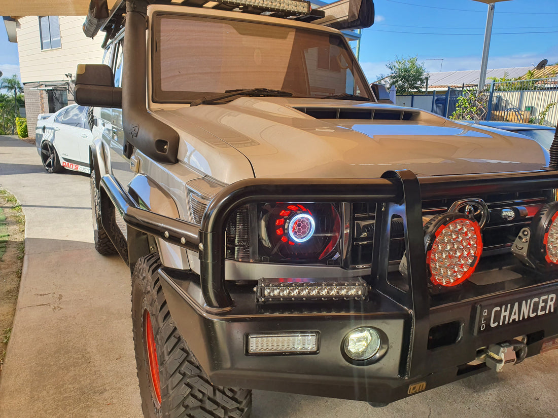 Toyota Landcruiser VDJ Headlights Dual Halo Rings BiLED Projectors, Turbine Shroud & Etched Projector Lens - Dan's Custom Car Lights 