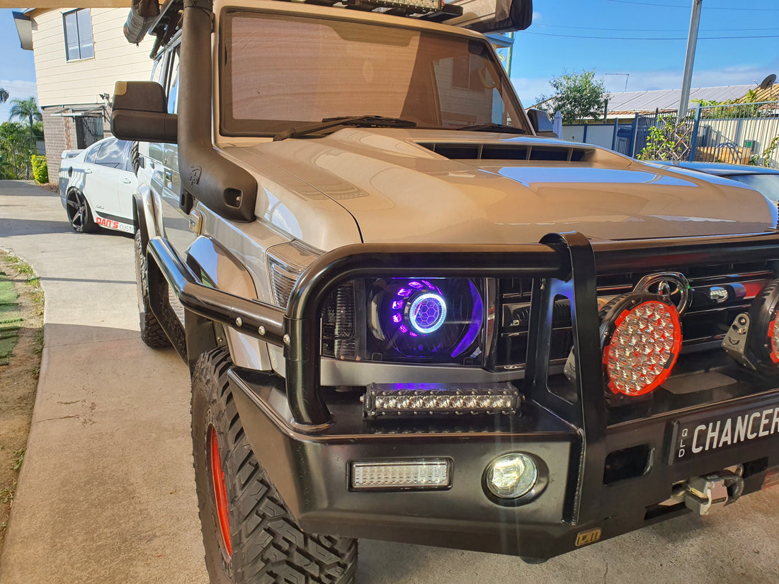 Toyota Landcruiser VDJ Headlights Dual Halo Rings BiLED Projectors, Turbine Shroud & Etched Projector Lens - Dan's Custom Car Lights 
