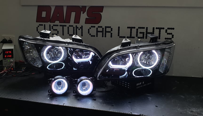 Holden VE Commodore S1/S2 SS Headlights and Fog lights with Multicolored Halo Rings - Dan's Custom Car Lights 