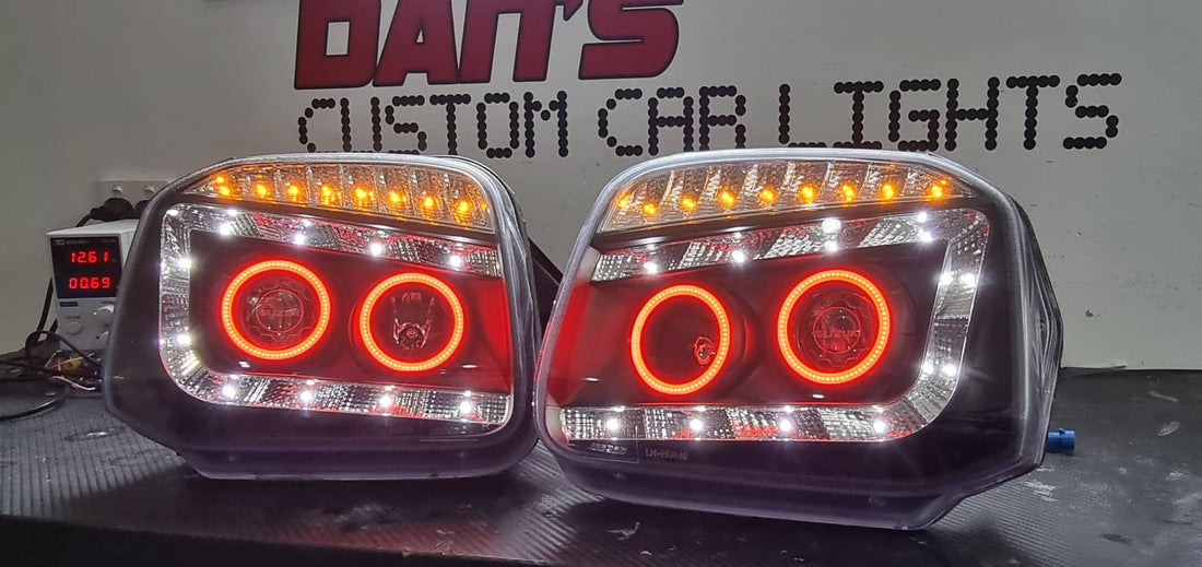 Suzuki Jimny SN 99-18 DRL Projector Headlights with Multicoloured Quad Halo rings Option to add Projector Lens Etching - Dan's Custom Car Lights 