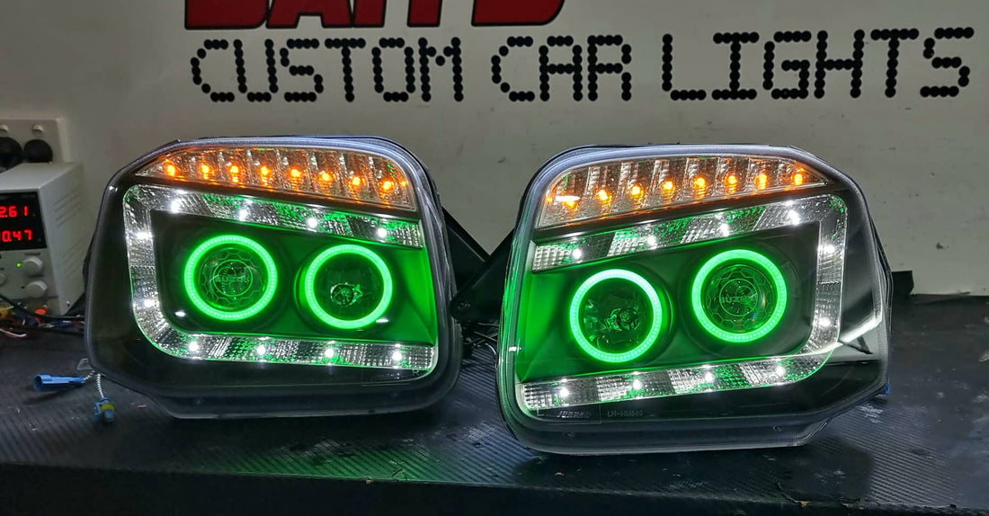 Suzuki Jimny SN 99-18 DRL Projector Headlights with Multicoloured Quad Halo rings Option to add Projector Lens Etching - Dan's Custom Car Lights 