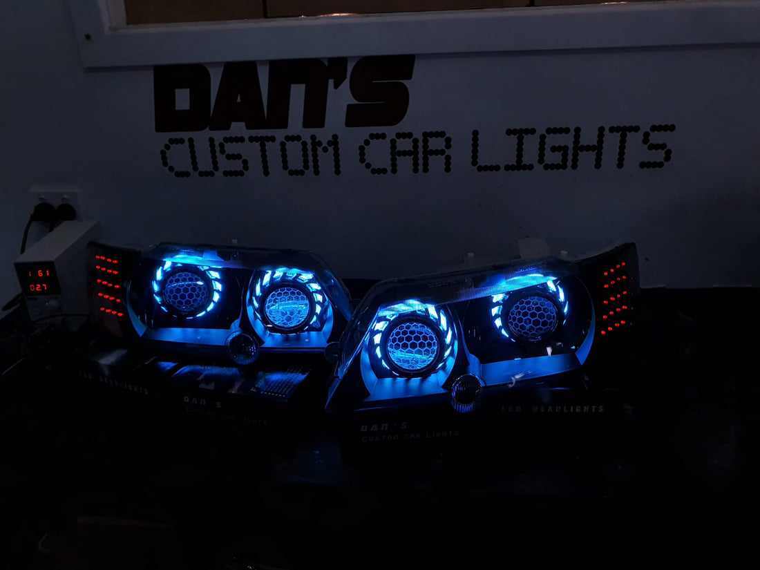 Holden Commodore VY with Quad Multicoloured Halo rings, Projectors, Honeycomb Lens Etching & Custom orange LED Blinkers - Dan's Custom Car Lights 