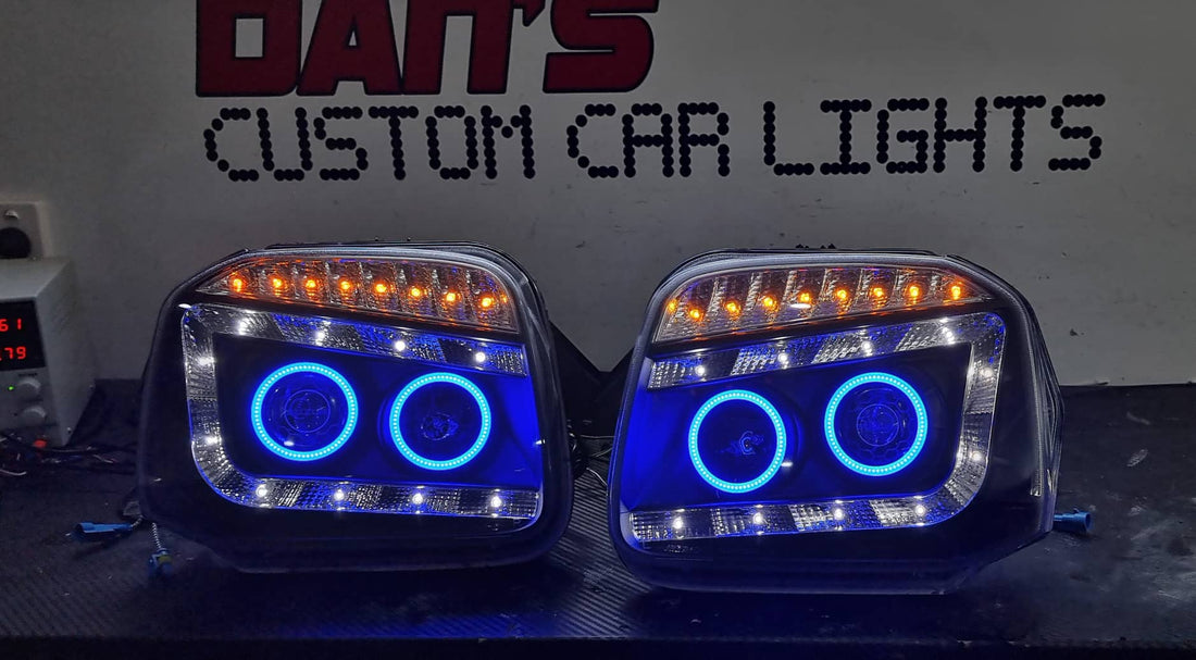 Suzuki Jimny SN 99-18 DRL Projector Headlights with Multicoloured Quad Halo rings Option to add Projector Lens Etching - Dan's Custom Car Lights 