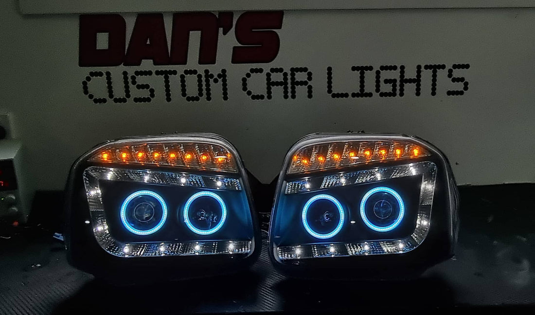 Suzuki Jimny SN 99-18 DRL Projector Headlights with Multicoloured Quad Halo rings Option to add Projector Lens Etching - Dan's Custom Car Lights 