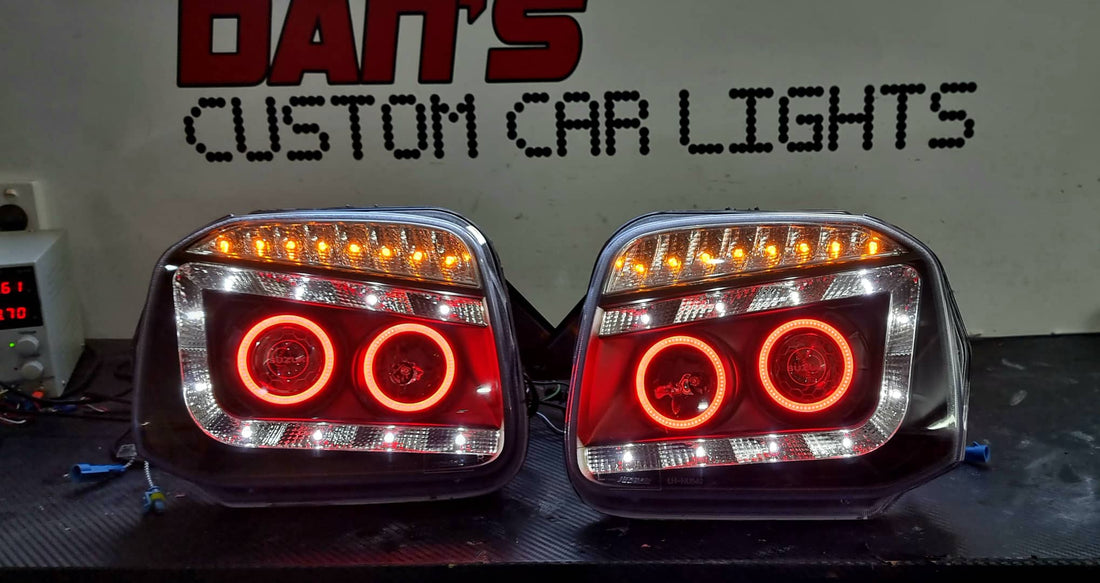 Suzuki Jimny SN 99-18 DRL Projector Headlights with Multicoloured Quad Halo rings Option to add Projector Lens Etching - Dan's Custom Car Lights 