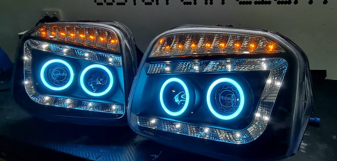Suzuki Jimny SN 99-18 DRL Projector Headlights with Multicoloured Quad Halo rings Option to add Projector Lens Etching - Dan's Custom Car Lights 