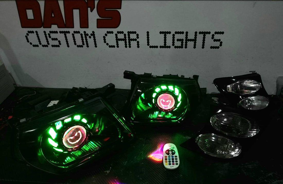 Nissan Patrol GU S1-S3 Headlights with Projector Turbine Shroud Multicolored Halos,  Multicolored Demons, "stedi" lens etching - Dan's Custom Car Lights 