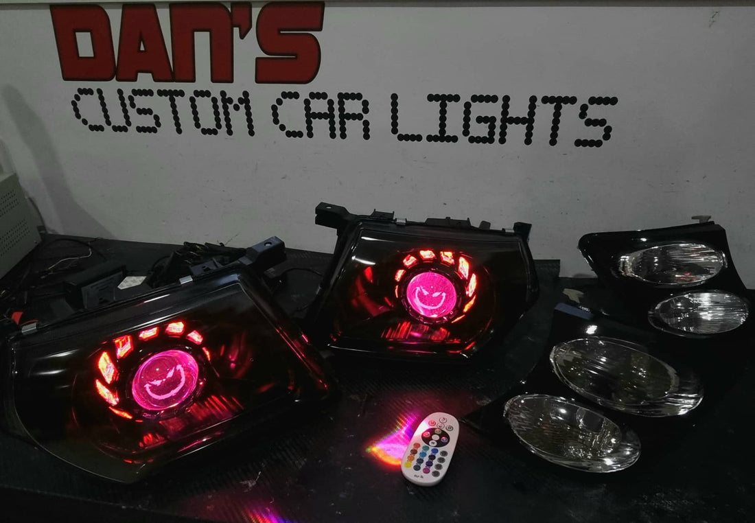 Nissan Patrol GU S1-S3 Headlights with Projector Turbine Shroud Multicolored Halos,  Multicolored Demons, "stedi" lens etching - Dan's Custom Car Lights 