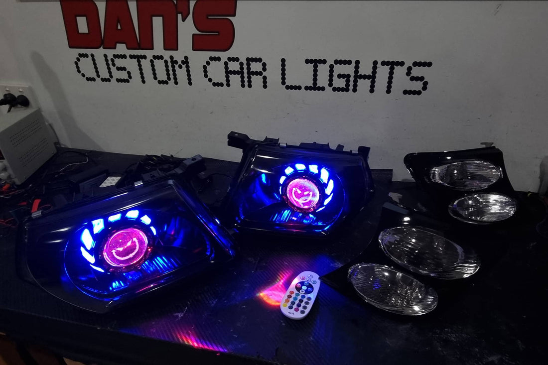 Nissan Patrol GU S1-S3 Headlights with Projector Turbine Shroud Multicolored Halos,  Multicolored Demons, "stedi" lens etching - Dan's Custom Car Lights 