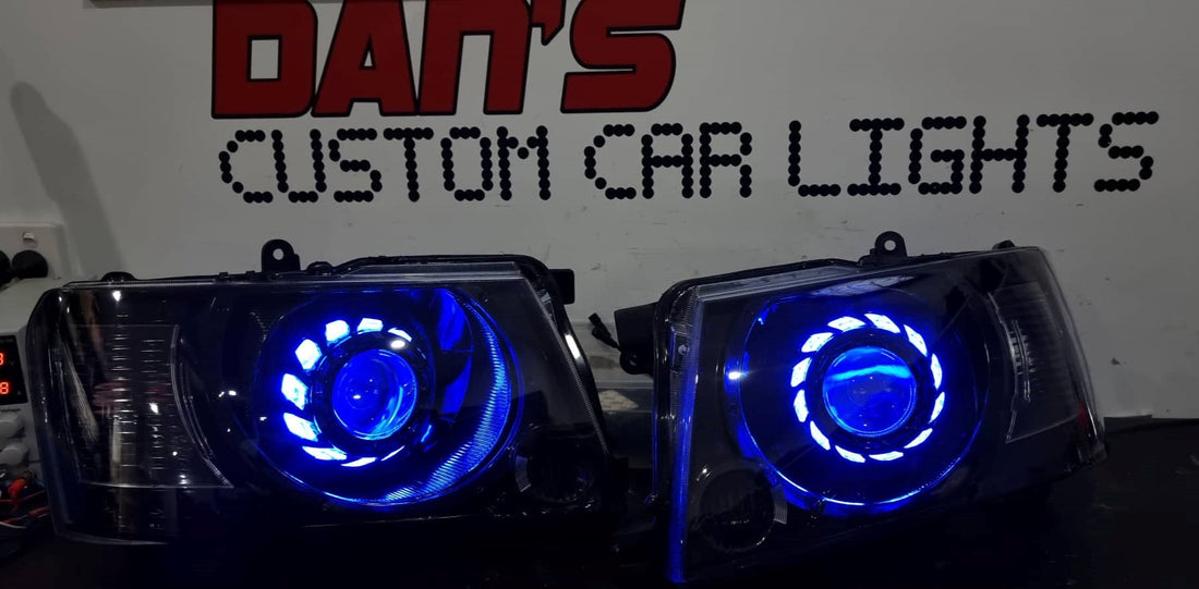 Nissan Patrol GU S4 Headlights w/ Multicoloured Halo Rings with Turbine Shrouds and Projectors - Dan's Custom Car Lights 