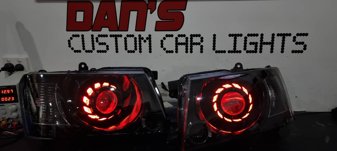 Nissan Patrol GU S4 Headlights w/ Multicoloured Halo Rings with Turbine Shrouds and Projectors - Dan's Custom Car Lights 