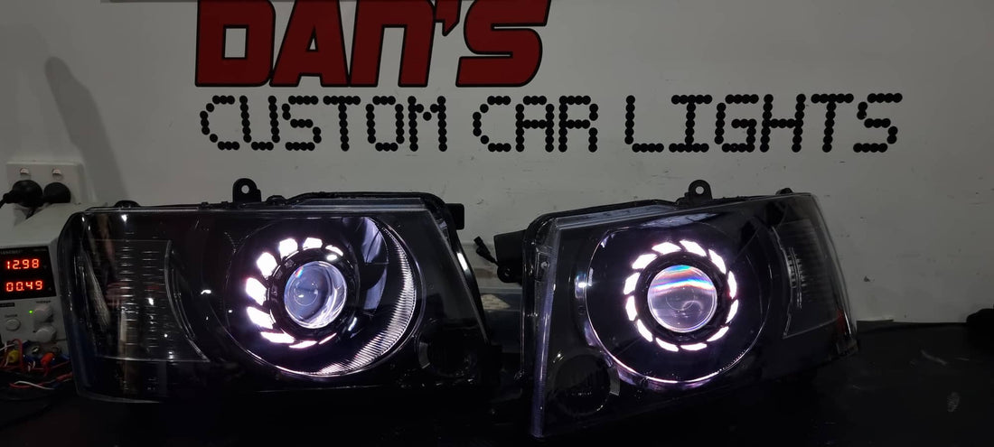 Nissan Patrol GU S4 Headlights w/ Multicoloured Halo Rings with Turbine Shrouds and Projectors - Dan's Custom Car Lights 